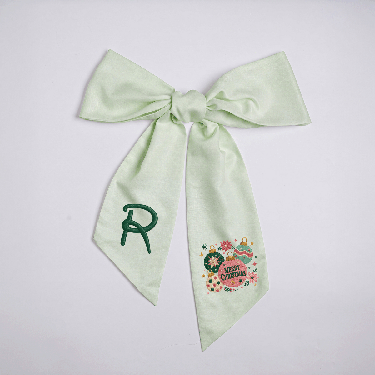 Custom Monogram Merry Christmas Ornaments Embroidered Linen Door Wreath Sash, Personalized Initial Festive Baubles Floral Holiday Wreath Sash & Front Door Decor