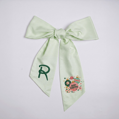 Custom Monogram Merry Christmas Ornaments Embroidered Linen Door Wreath Sash, Personalized Initial Festive Baubles Floral Holiday Wreath Sash & Front Door Decor