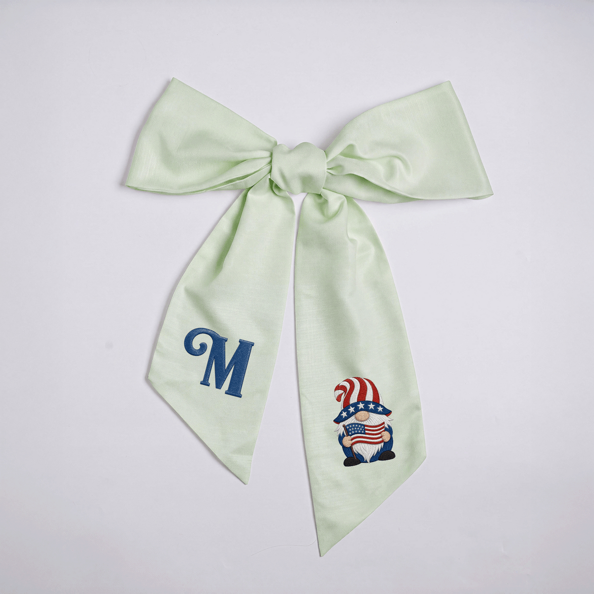 Custom Letter Patriotic Gnome American Flag Embroidered Linen Wreath Sash, Personalized Monogram 4th of July Bow Sash for Door Decor