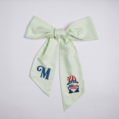 Custom Letter Patriotic Gnome American Flag Embroidered Linen Wreath Sash, Personalized Monogram 4th of July Bow Sash for Door Decor