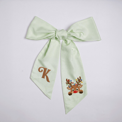 Custom Letter Reindeer Christmas Lights Embroidered Linen Wreath Sash, Personalized Monogram Holiday Bow Sash for Door Decor