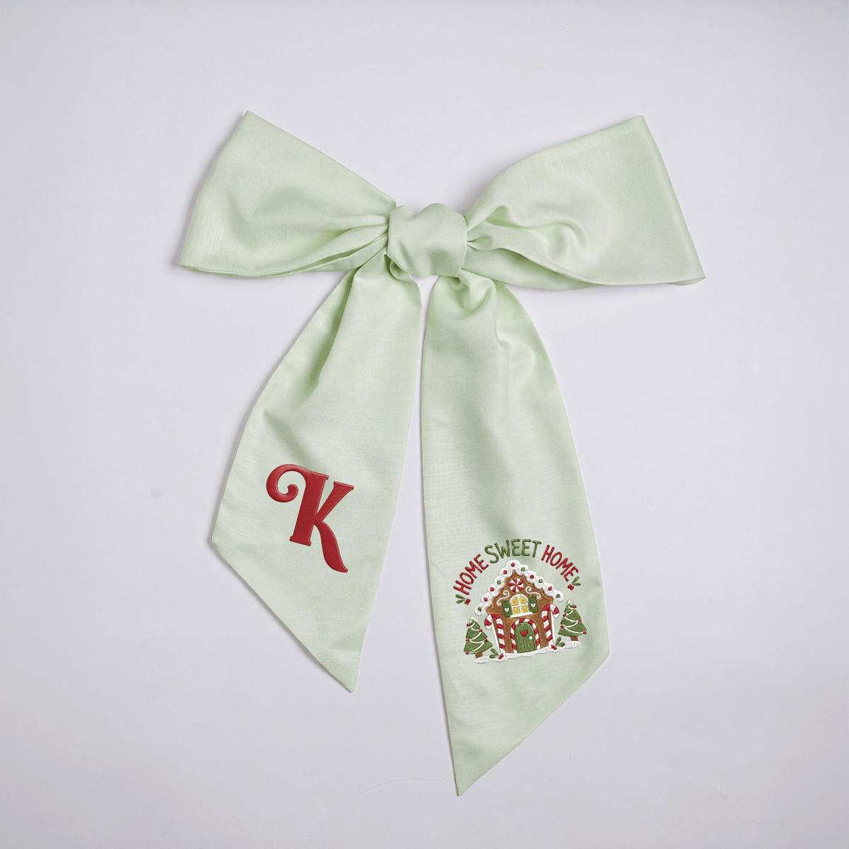 Custom Letter Gingerbread House Home Sweet Home Embroidered Linen Wreath Sash, Personalized Monogram Holiday Bow Sash for Door Decor