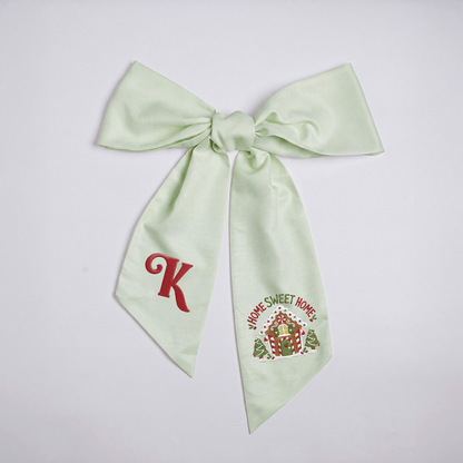 Custom Letter Gingerbread House Home Sweet Home Embroidered Linen Wreath Sash, Personalized Monogram Holiday Bow Sash for Door Decor