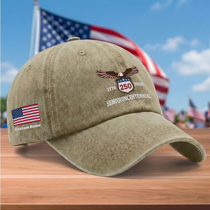 USA 250th Semiquincentennial 1776-2026 Eagle Embroidered Washed Denim Baseball Cap – Custom Name Patriotic Anniversary Hat