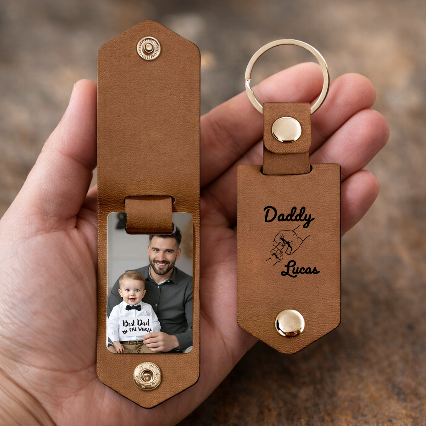 Personalized Leather Photo Keychain with Engraved Tag – Custom Memory Gift for Dad – Father’s Day Keepsake Keychain