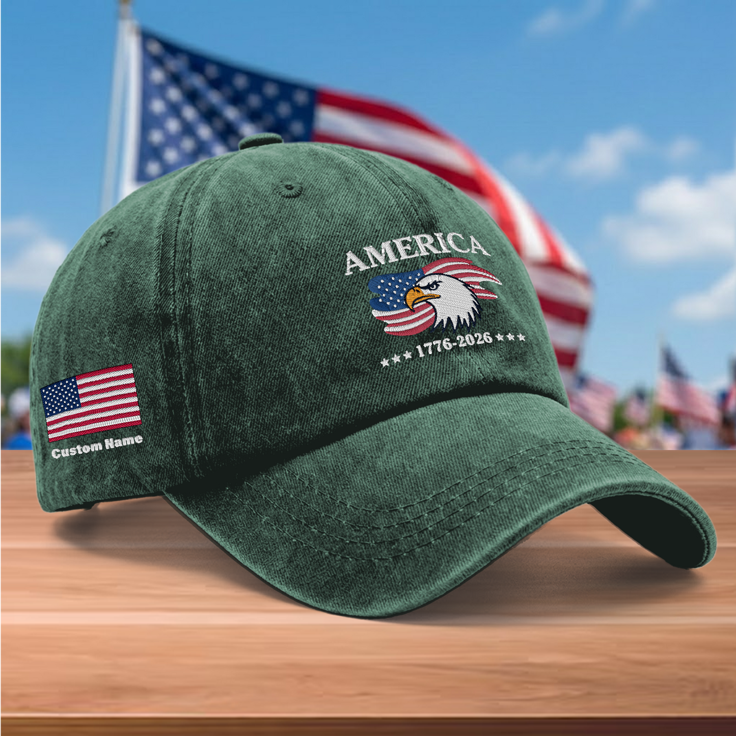 America 250 Years 1776-2026 Eagle Embroidered Washed Denim Baseball Cap – Custom Name Patriotic USA Anniversary Hat