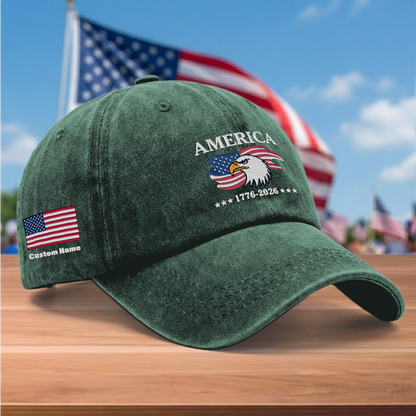 America 250 Years 1776-2026 Eagle Embroidered Washed Denim Baseball Cap – Custom Name Patriotic USA Anniversary Hat
