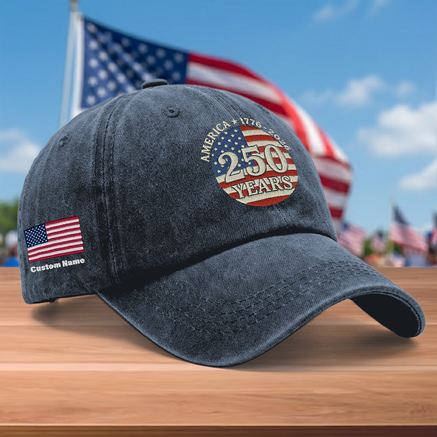 America 250 Years 1776-2026 Embroidered Washed Denim Baseball Cap – Custom Name Patriotic USA Anniversary Hat