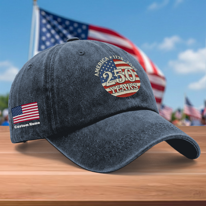 America 250 Years 1776-2026 Embroidered Washed Denim Baseball Cap – Custom Name Patriotic USA Anniversary Hat