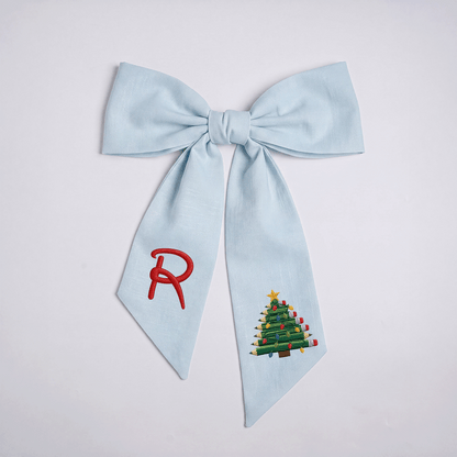 Custom Monogram Pencil Christmas Tree Embroidered Linen Door Wreath Sash, Personalized Initial Teacher School Pencil Tree Lights Holiday Wreath Sash & Front Door Decor