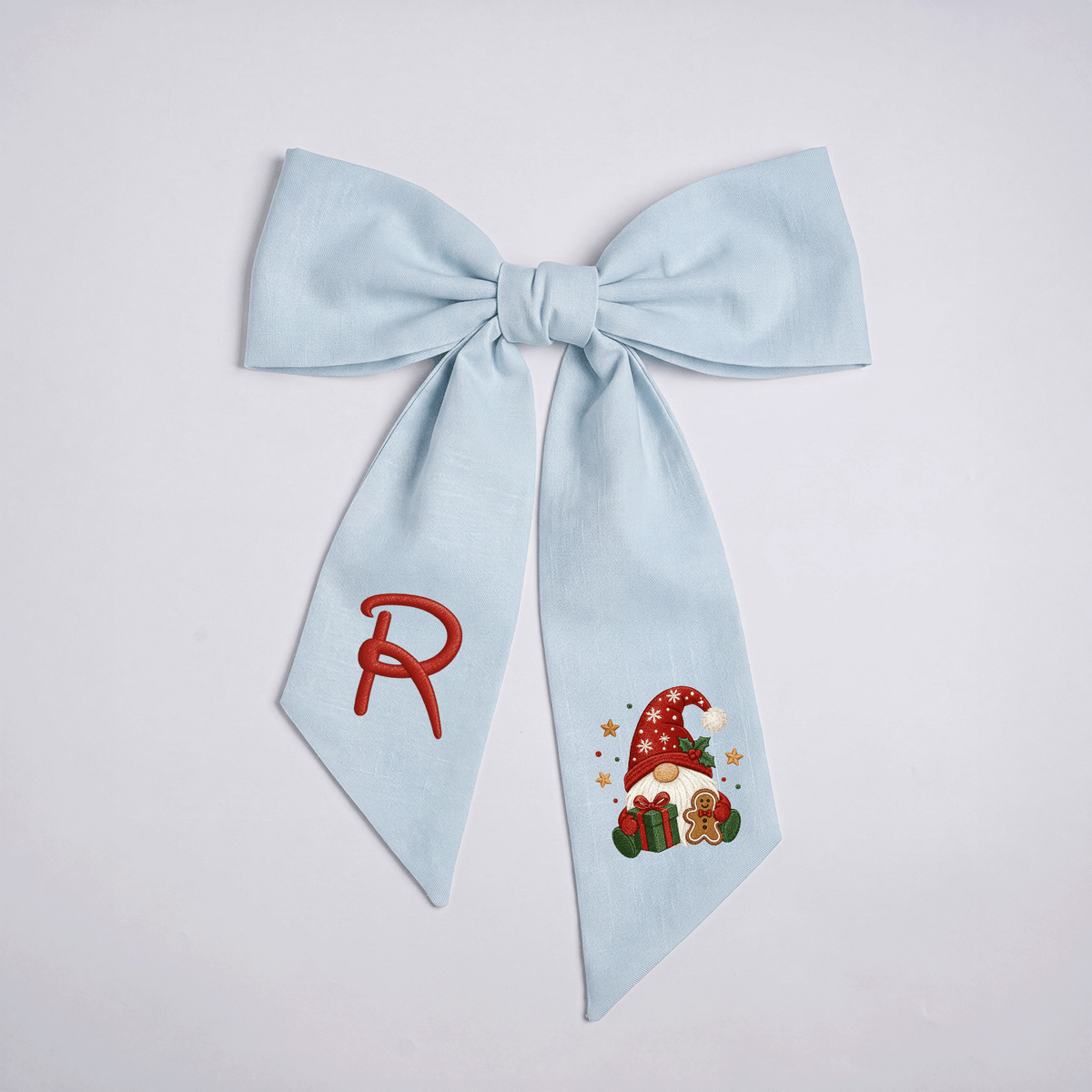 Custom Monogram Christmas Gnome Embroidered Linen Door Wreath Sash, Personalized Initial Gingerbread Gift Gnome Holiday Wreath Sash & Front Door Decor