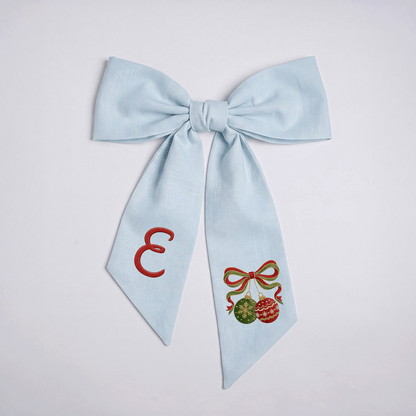 Custom Monogram Christmas Ornaments Embroidered Linen Door Wreath Sash, Personalized Initial Red Green Baubles Ribbon Holiday Wreath Sash & Front Door Decor