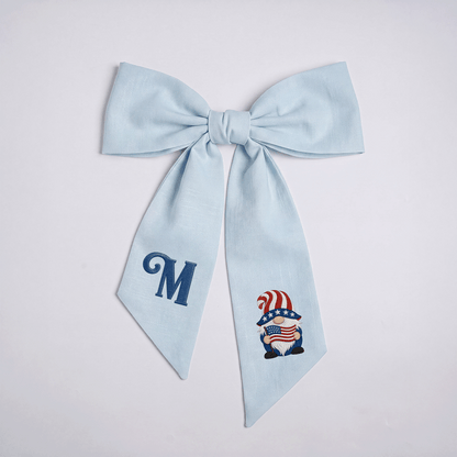 Custom Letter Patriotic Gnome American Flag Embroidered Linen Wreath Sash, Personalized Monogram 4th of July Bow Sash for Door Decor