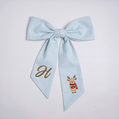 Custom Letter Christmas Reindeer Embroidered Linen Wreath Sash, Personalized Monogram Holiday Bow Sash for Door Decor