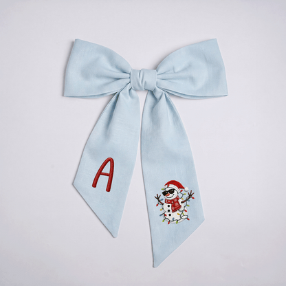 Custom Monogram Cool Snowman Linen Wreath Bow, Personalized Initial Sunglasses Snowman Christmas Wreath Sash & Front Door Decor