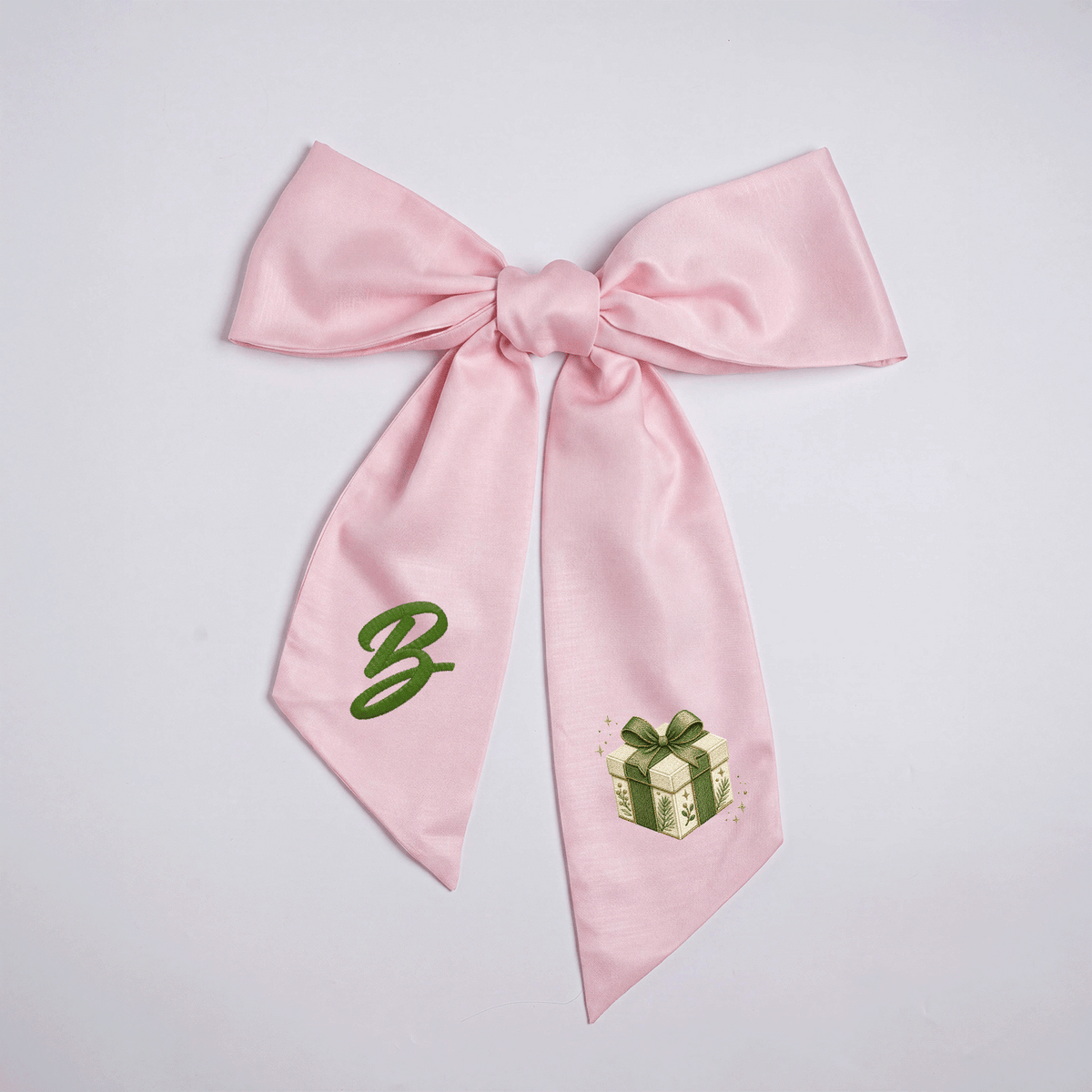 Custom Letter Green Bow Christmas Gift Box Embroidered Linen Wreath Sash, Personalized Monogram Holiday Bow Sash for Door Decor