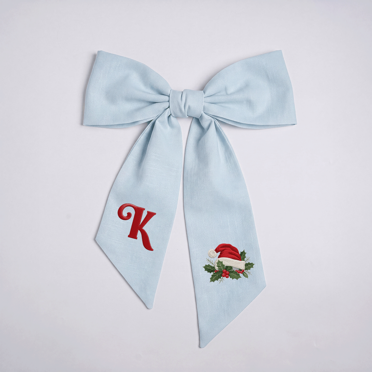 Custom Letter Christmas Santa Hat Embroidered Linen Wreath Sash, Personalized Sage Floral Monogram Bow for Front Door Decor