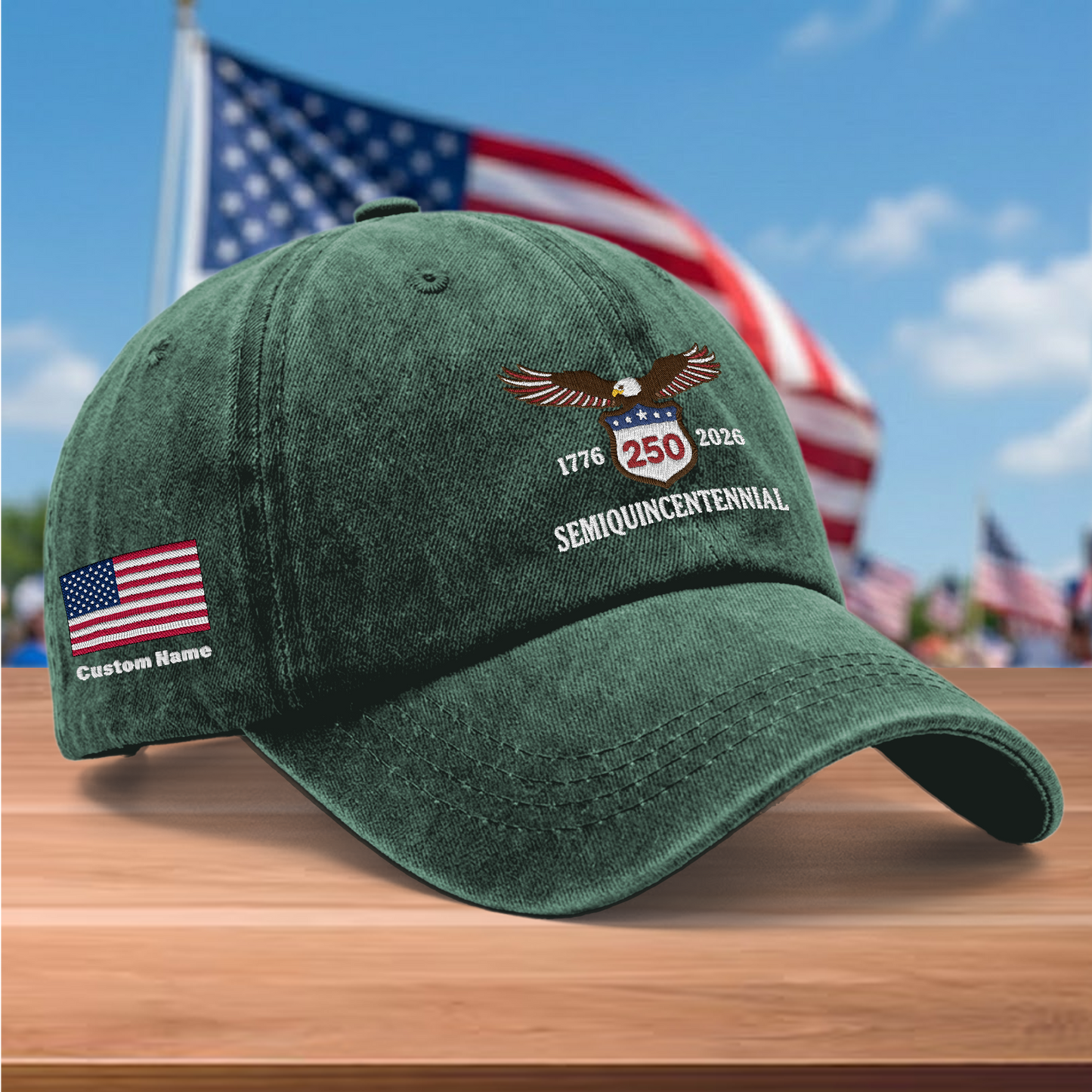 USA 250th Semiquincentennial 1776-2026 Eagle Embroidered Washed Denim Baseball Cap – Custom Name Patriotic Anniversary Hat