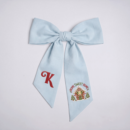 Custom Letter Gingerbread House Home Sweet Home Embroidered Linen Wreath Sash, Personalized Monogram Holiday Bow Sash for Door Decor