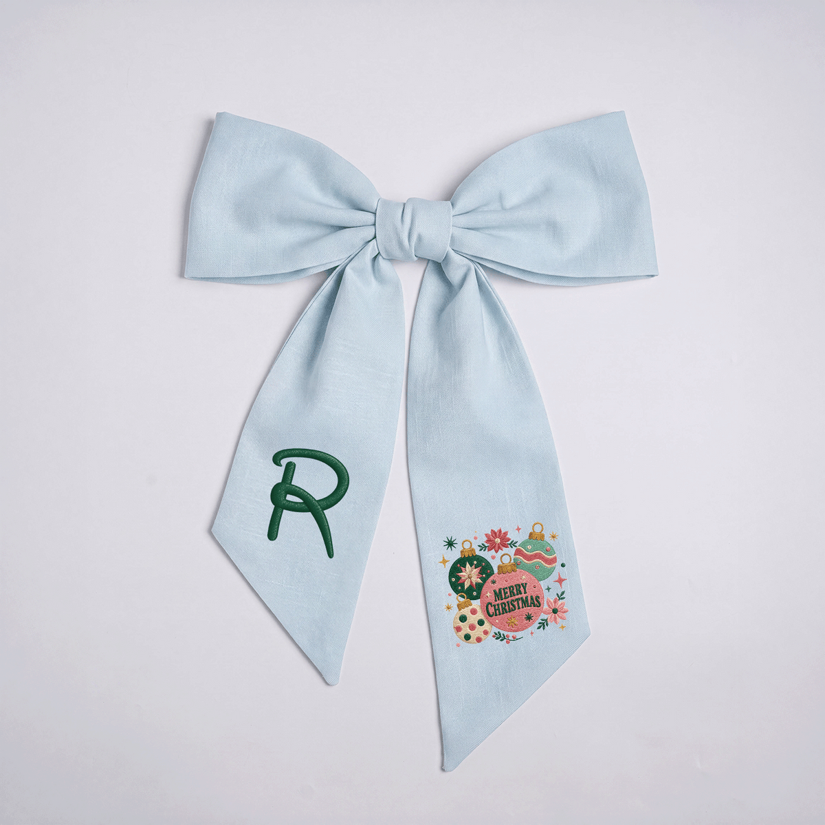 Custom Monogram Merry Christmas Ornaments Embroidered Linen Door Wreath Sash, Personalized Initial Festive Baubles Floral Holiday Wreath Sash & Front Door Decor