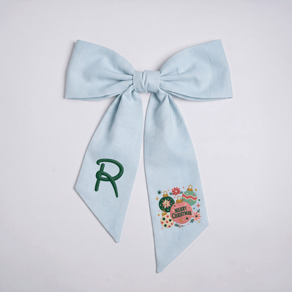 Custom Monogram Merry Christmas Ornaments Embroidered Linen Door Wreath Sash, Personalized Initial Festive Baubles Floral Holiday Wreath Sash & Front Door Decor