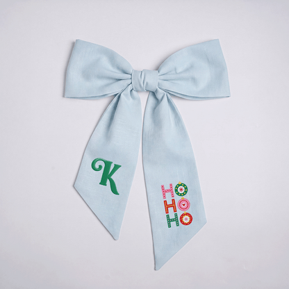 Custom Letter Christmas Ho Ho Ho Embroidered Linen Wreath Sash, Personalized Monogram Festive Ornament Bow Sash for Front Door Decor