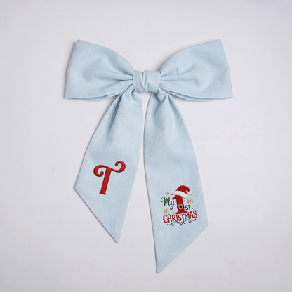 Custom Letter My 1st Christmas Embroidered Linen Wreath Sash, Personalized Monogram Holiday Bow Sash for Baby First Christmas Decor
