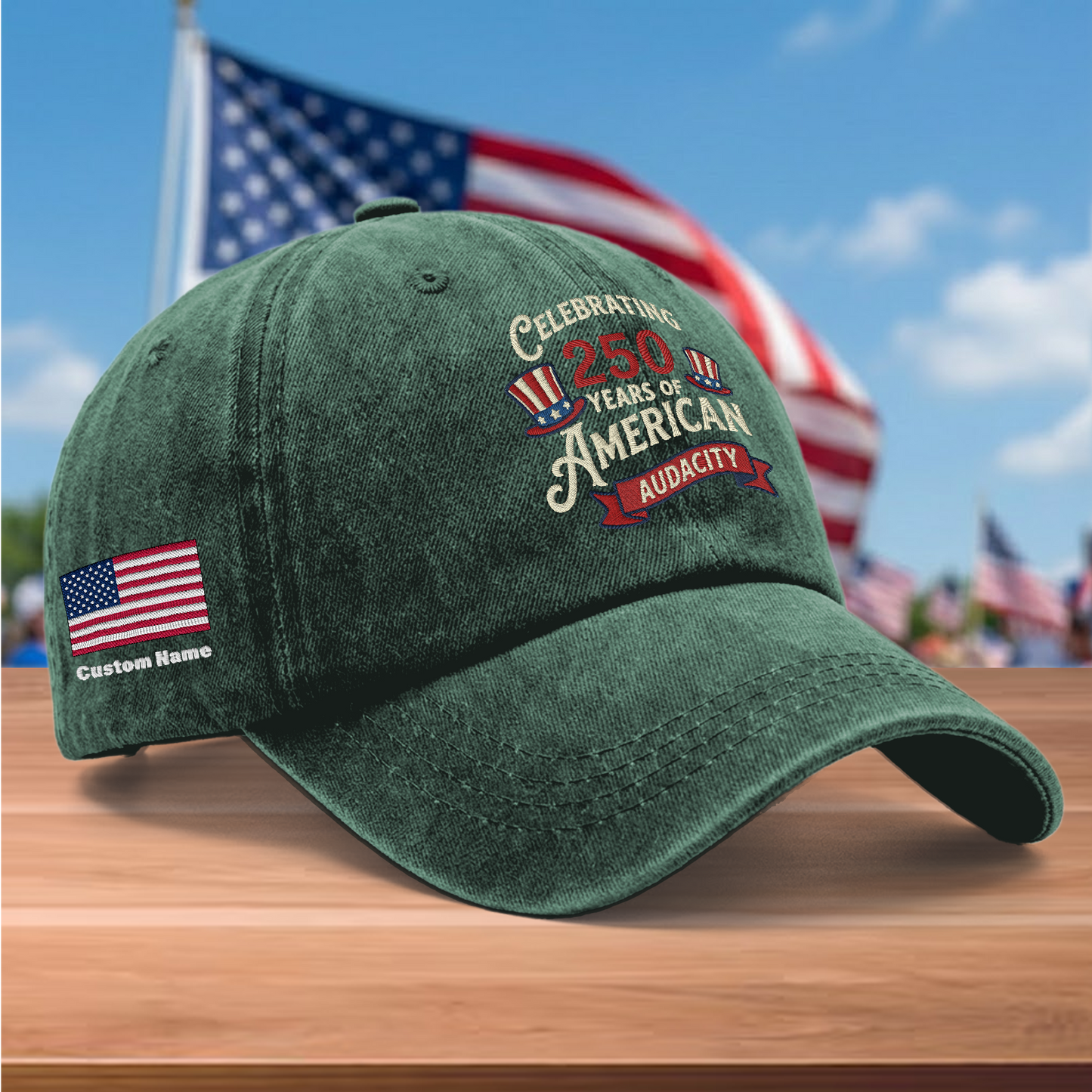Celebrating 250 Years of American Audacity Embroidered Washed Denim Baseball Cap – Custom Name Patriotic USA Anniversary Hat