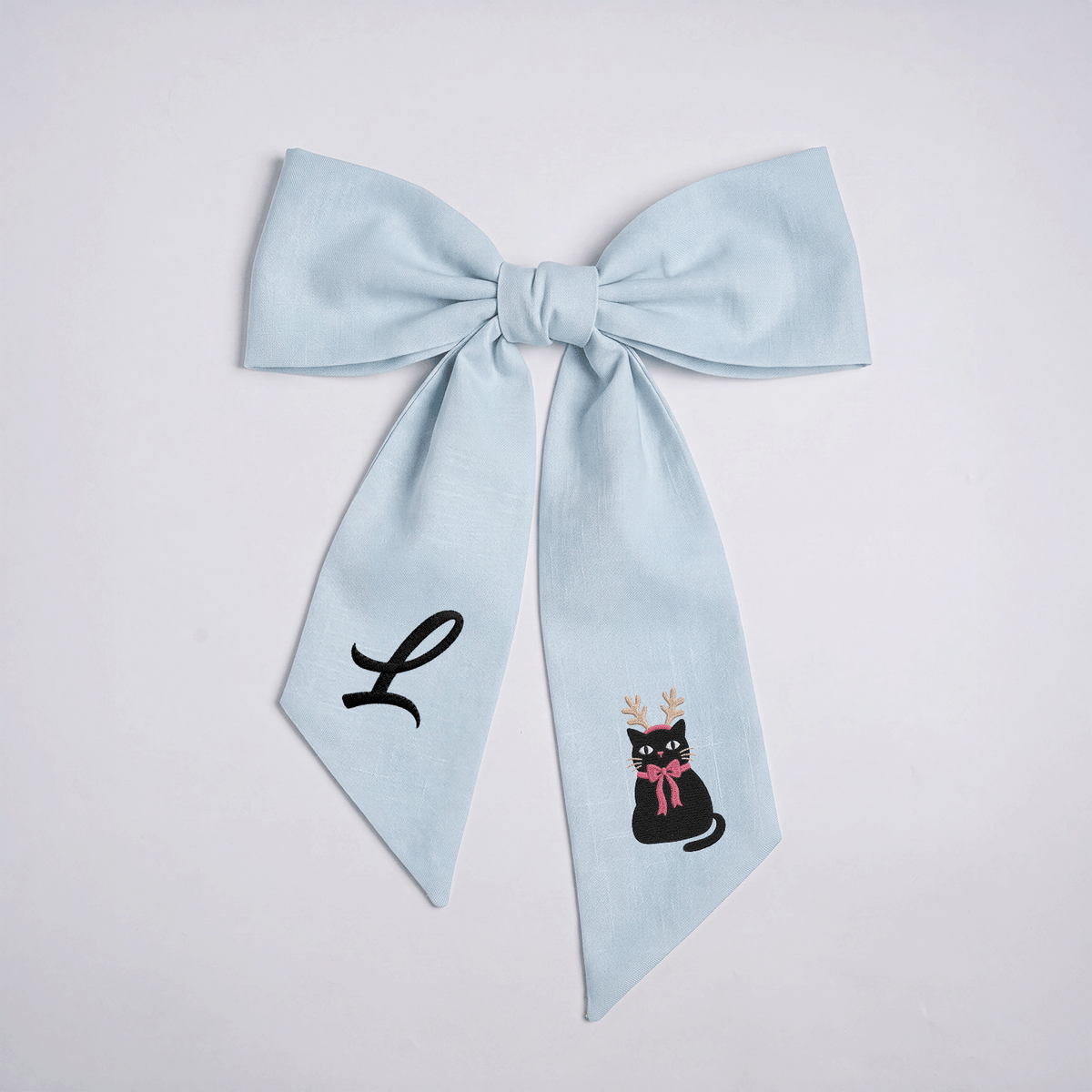 Custom Letter Christmas Black Cat Embroidered Linen Wreath Sash, Personalized Monogram Holiday Bow Sash for Door Decor