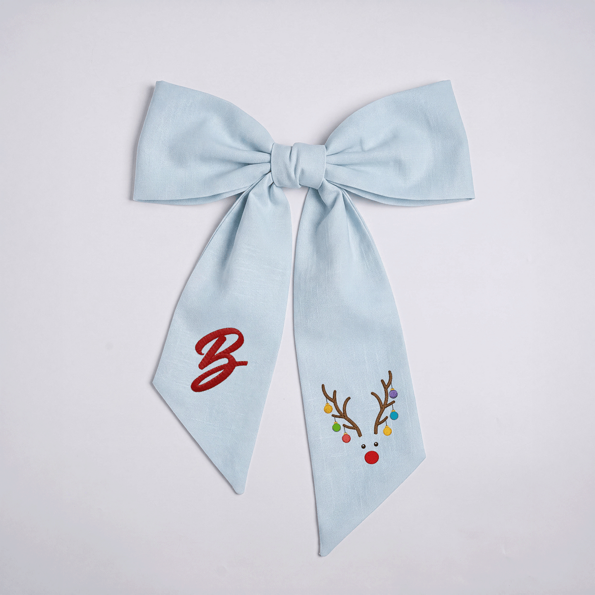 Custom Letter Reindeer Antlers Lights Embroidered Linen Wreath Sash, Personalized Monogram Holiday Bow Sash for Door Decor