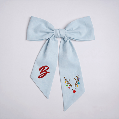 Custom Letter Reindeer Antlers Lights Embroidered Linen Wreath Sash, Personalized Monogram Holiday Bow Sash for Door Decor