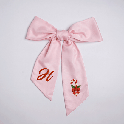 Custom Letter Candy Cane Embroidered Linen Wreath Sash, Personalized Monogram Holiday Bow Sash for Door Decor