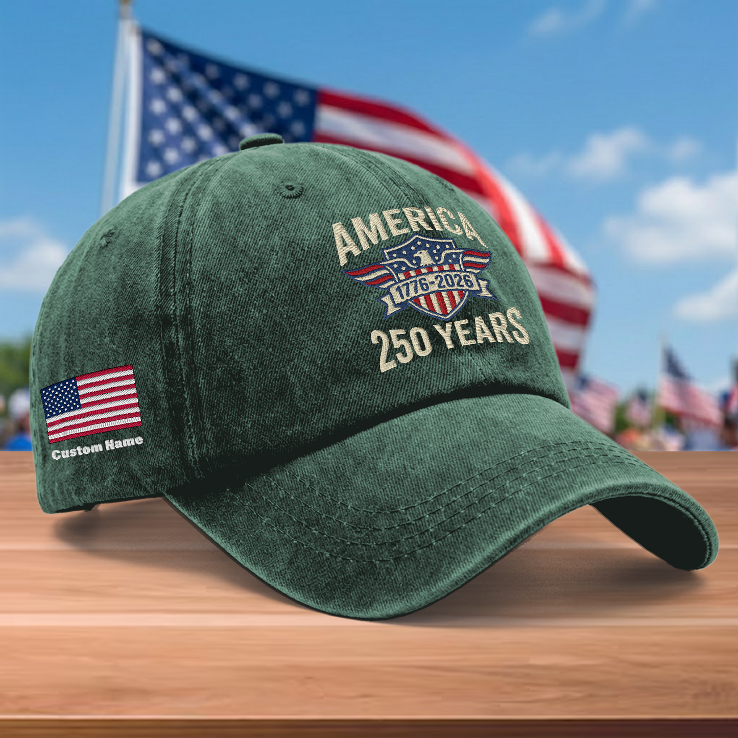America 250th Anniversary 1776-2026 Embroidered Baseball Cap – Custom Name Patriotic USA Washed Denim Hat