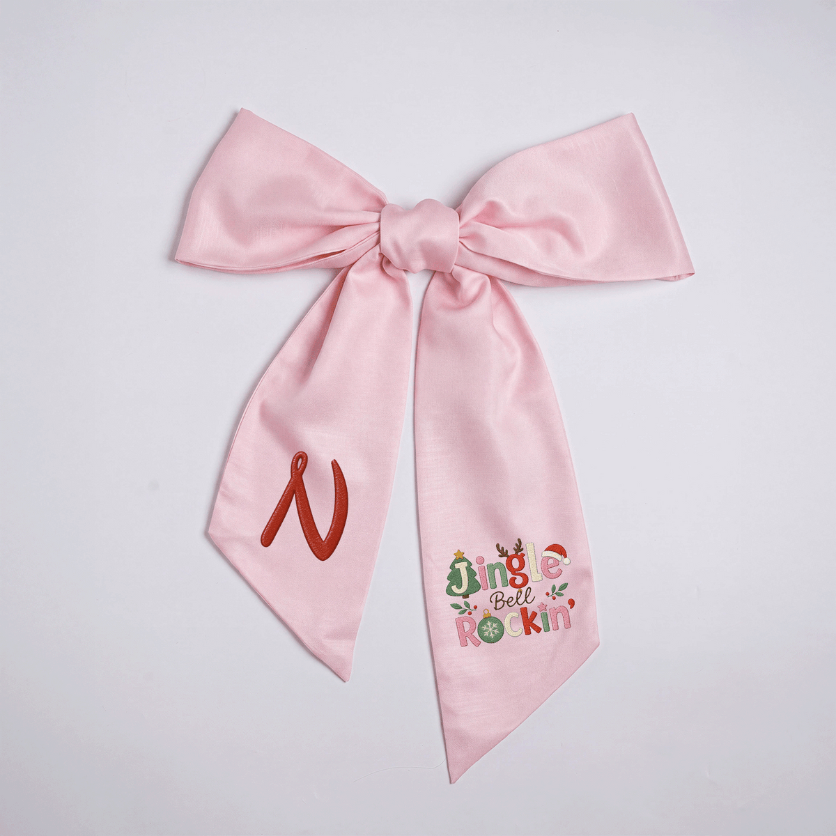 Custom Monogram Jingle Bell Rockin' Embroidered Linen Door Wreath Sash, Personalized Initial Festive Typography Reindeer Santa Hat Holiday Wreath Sash & Front Door Decor