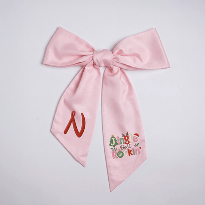 Custom Monogram Jingle Bell Rockin' Embroidered Linen Door Wreath Sash, Personalized Initial Festive Typography Reindeer Santa Hat Holiday Wreath Sash & Front Door Decor