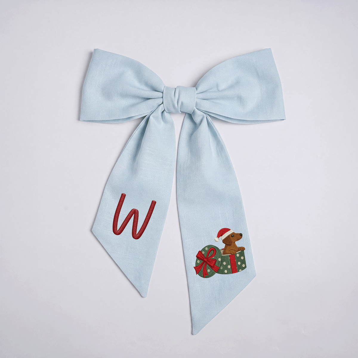 Personalized Monogram Christmas Dog in Present Box Embroidered Linen Door Wreath Sash, Custom Initial Holiday Dachshund Wreath Bow Sash Decor, Festive Front Door Home Accessories