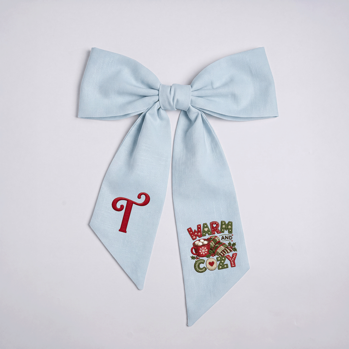 Custom Letter Warm and Cozy Embroidered Linen Wreath Sash, Personalized Monogram Christmas Winter Bow Sash for Front Door Decor