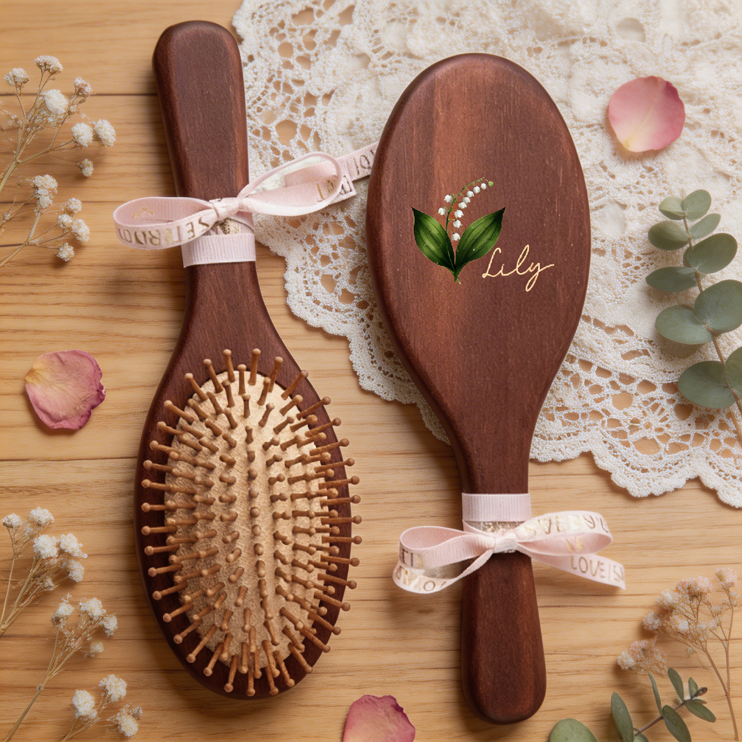 Personalized Wooden Hair Brush with Birth Flower and Name – “Bloom Where You're Planted” Gift for Her