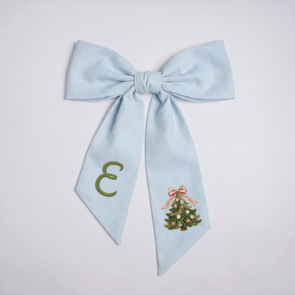 Custom Monogram Christmas Tree Embroidered Linen Door Wreath Sash, Personalized Initial Pink Bow Pine Tree Holiday Wreath Sash & Front Door Decor