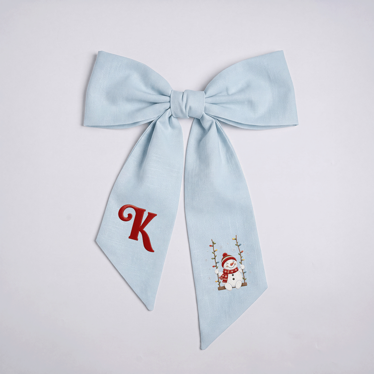 Custom Letter Snowman on Swing Embroidered Linen Wreath Sash, Personalized Monogram Holiday Bow Sash for Door Decor