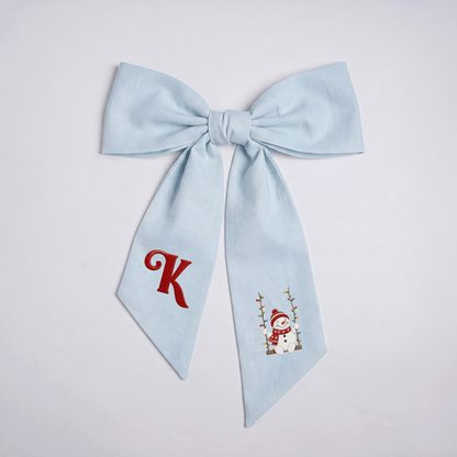 Custom Letter Snowman on Swing Embroidered Linen Wreath Sash, Personalized Monogram Holiday Bow Sash for Door Decor