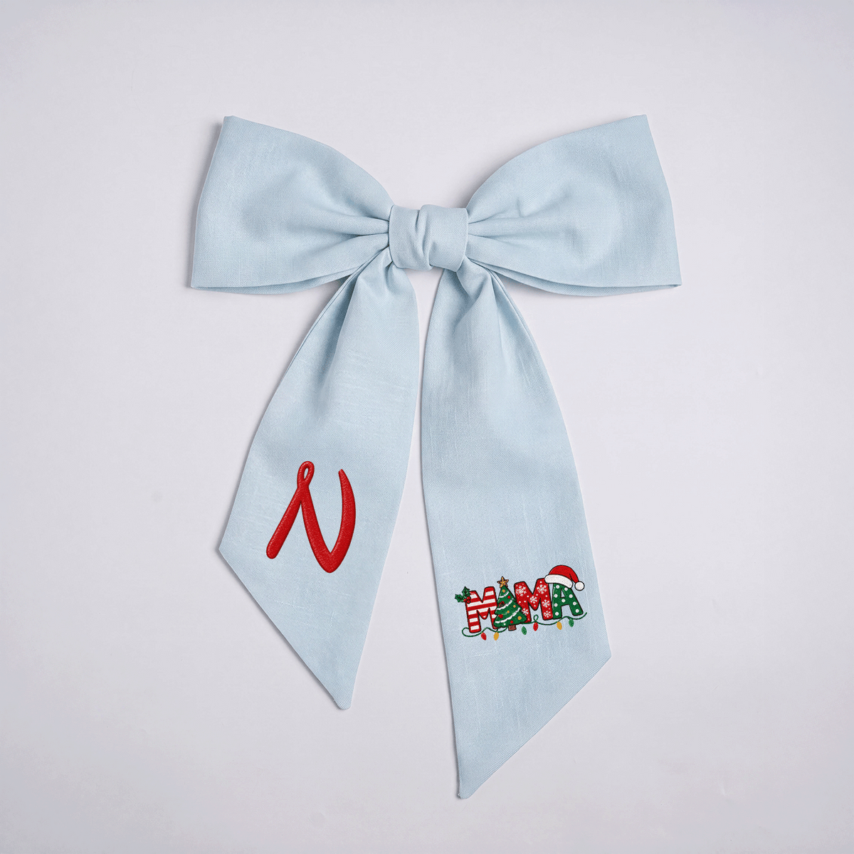 Custom Monogram Mama Embroidered Linen Door Wreath Sash, Personalized Initial Christmas Tree Lights Santa Hat Typography Holiday Wreath Sash & Front Door Decor