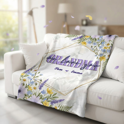 “Grandma, We Love You” – Heartfelt Mother’s Day Gift from Grandkids – Personalized Floral Heart Blanket