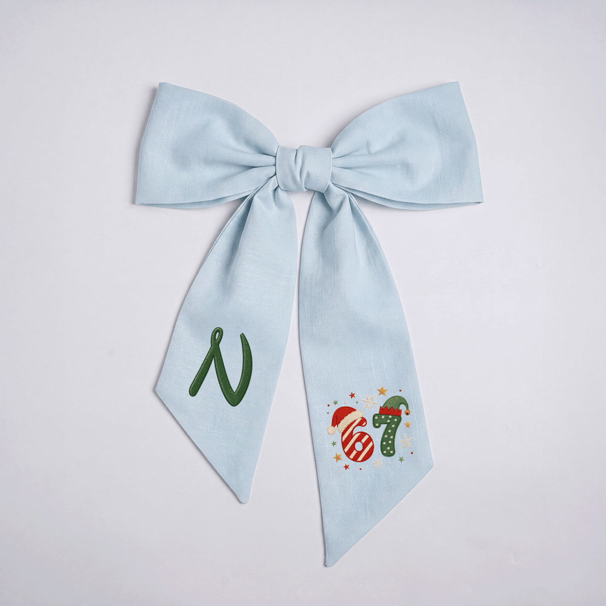 Custom Monogram Christmas 67 Santa Elf Hat Embroidered Linen Door Wreath Sash, Personalized Wreath Sash & Front Door Decor
