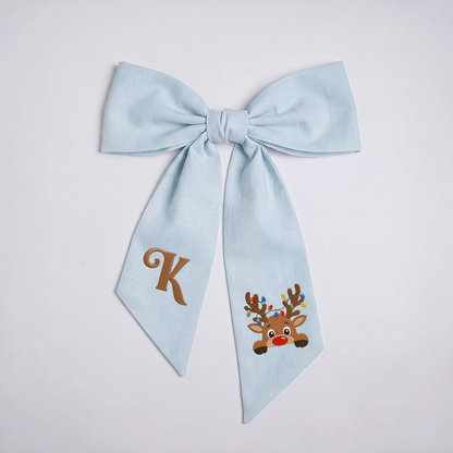 Custom Letter Reindeer Christmas Lights Embroidered Linen Wreath Sash, Personalized Monogram Holiday Bow Sash for Door Decor