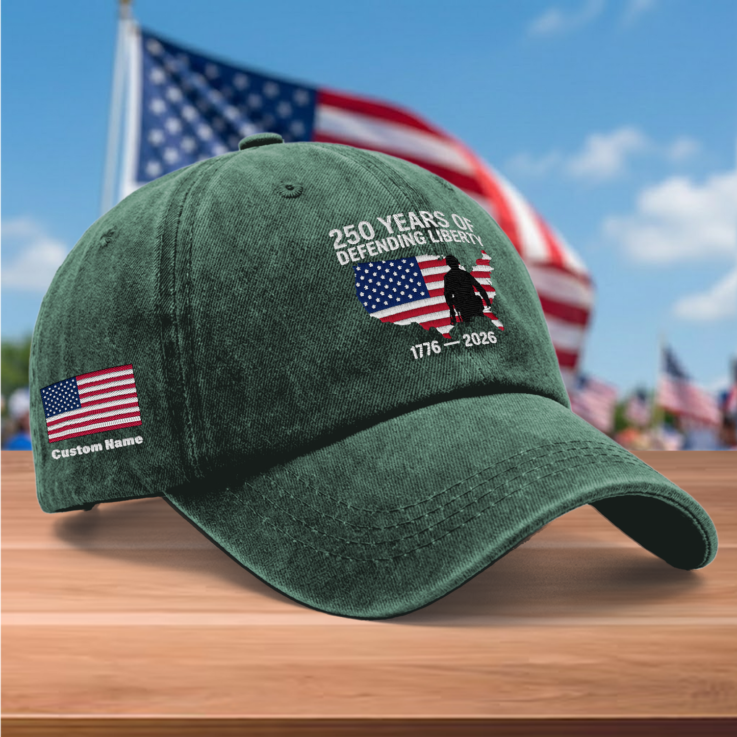 250 Years of Defending Liberty 1776-2026 Embroidered Washed Denim Baseball Cap – Custom Name Patriotic USA Military Anniversary Hat