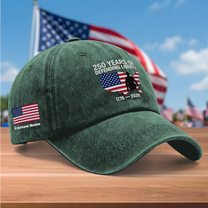250 Years of Defending Liberty 1776-2026 Embroidered Washed Denim Baseball Cap – Custom Name Patriotic USA Military Anniversary Hat