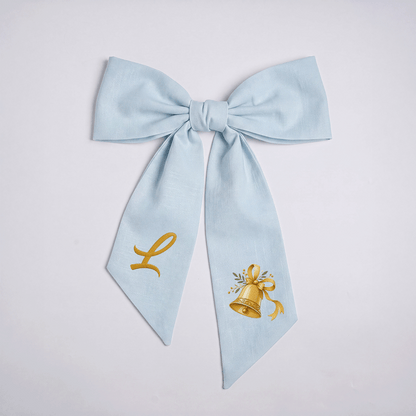 Custom Letter Golden Christmas Bell Embroidered Linen Wreath Sash, Personalized Monogram Holiday Bow Sash for Door Decor