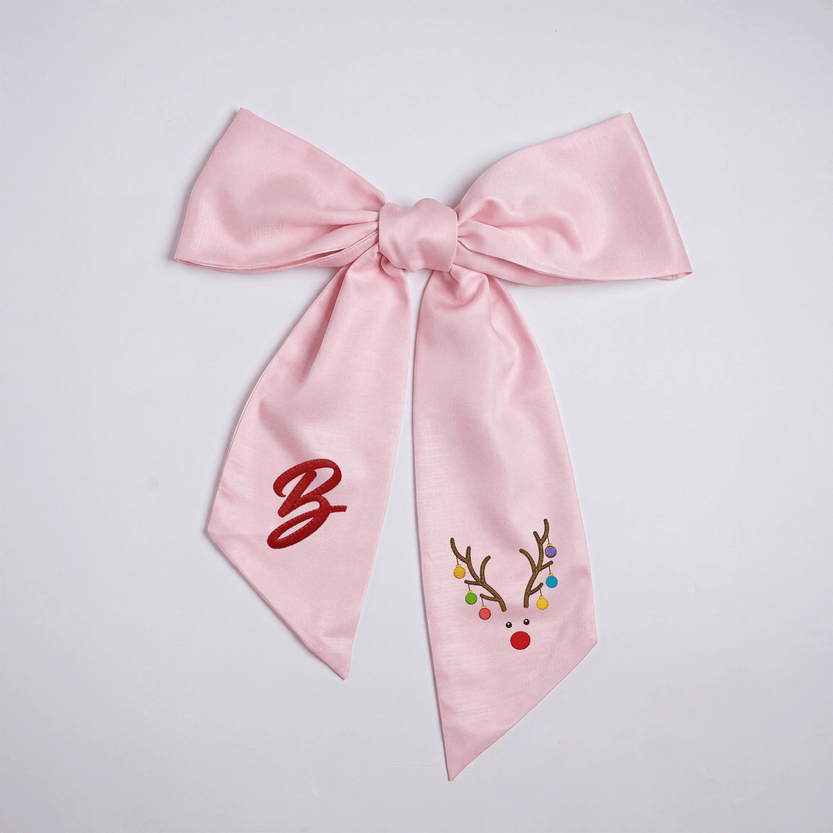 Custom Letter Reindeer Antlers Lights Embroidered Linen Wreath Sash, Personalized Monogram Holiday Bow Sash for Door Decor
