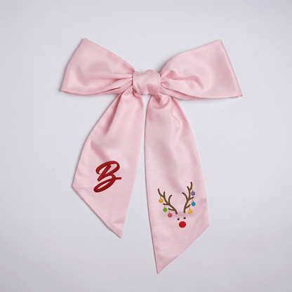 Custom Letter Reindeer Antlers Lights Embroidered Linen Wreath Sash, Personalized Monogram Holiday Bow Sash for Door Decor